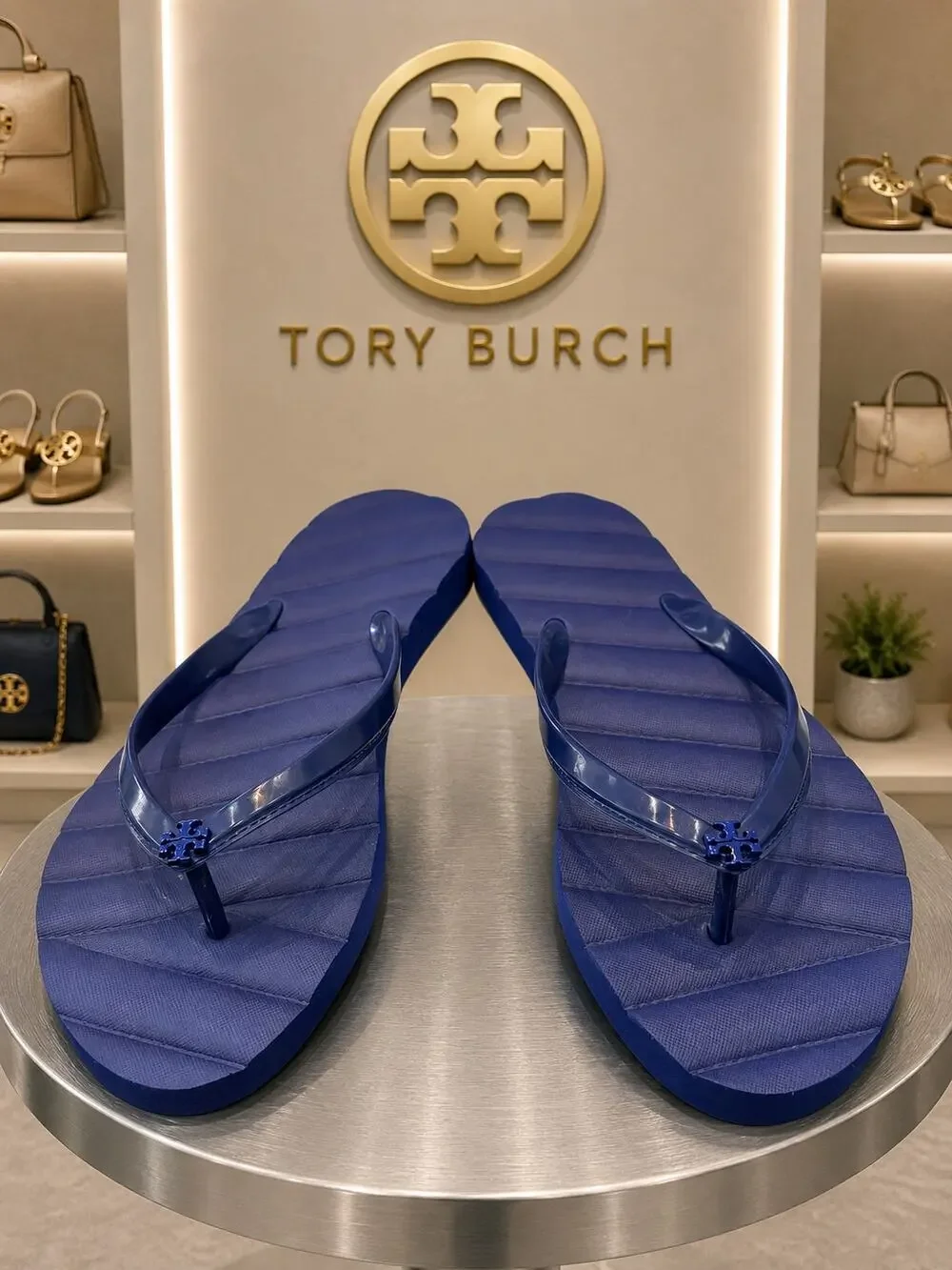 Tory Burch Navy Logo Flip Flops Thong Sandals Size 10M NWOB
